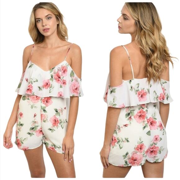 Charlotte Russe Pants - Brand New Charlotte Russe Flirty Ivory Rose Floral V Neck Ruffled Romper XS